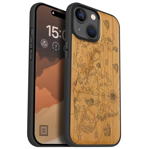 Étui iPhone 15 Carveit Cerise gravé Carte du Monde premium et élégant