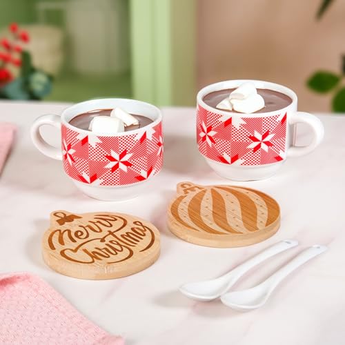 Image of Nestasia Ceramic Cup, Spoon & Bamboo Coaster Set of 2 (160ml Each) | Red & White Snowflake Pattern Mugs, Ceramic Stirring Spoons & Ornament Shaped Coasters - Ideal for Festive Gifting