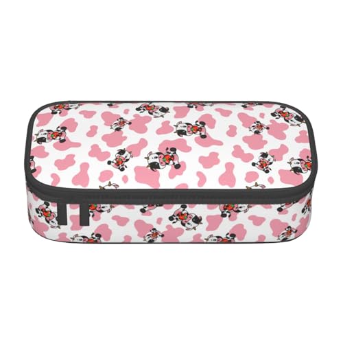 Image of Pink Cows Strawberry Print Large Pencil Case With Zipper Compartments Stationery Pencil Bag For Kids Teens Students School Supplies