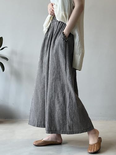 Minibee Women's Linen Palazzo Pants Casual Wide Leg Gingham Pant Boho Plaid Loose Trousers with Pockets3
