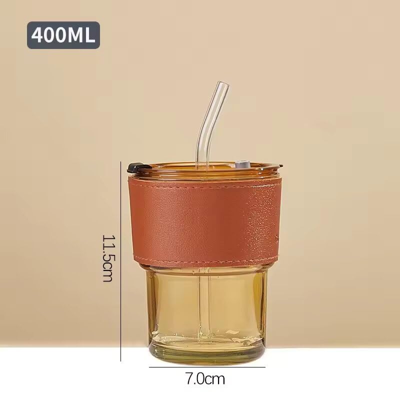 Image of ANKUL Beer Can Glass Tumbler with Straw and Lid Leather Band- 400ml- Pack of 2 - Mojito Sipper Mug with Lid for Kids Milk Cup with Straw (Lather Brown Tumbler, 2)