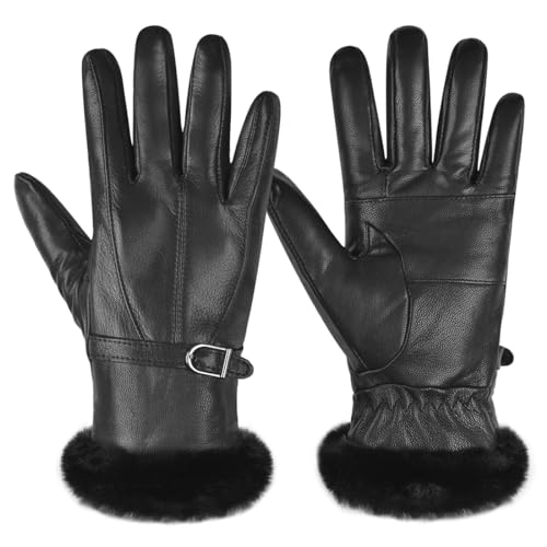 Harssidanzar Damen Lederhandschuhe Winter Thermo handschuhe Kleid Lederhandschuhe Fell gefüttert für kaltes Wetter SL022EU,Schwarz,Größe L