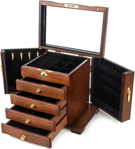 Elegancka drewniana szkatułka na biżuterię z 4 szufladami, zamkiem i lusterkiem – stylowy organizer z twardego drewna dla kobiet, idealna szkatułka na biżuterię i prezenty (kolor D) (E)