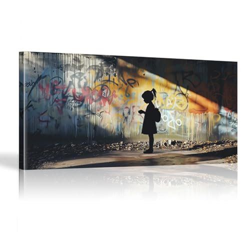 Art abstrait Banksy Graffiti fille : impression sur toile haut de gamme 60x120 cm