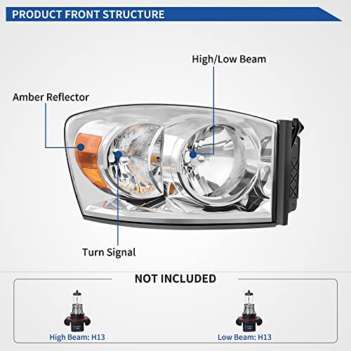 Image of OEDRO Headlight Assembly Replacement for 2007 2008 Dodge Ram 1500 /07-09 Ram 2500 3500, Headlamp with Amber Reflector, Chrome Housing Clear Lens