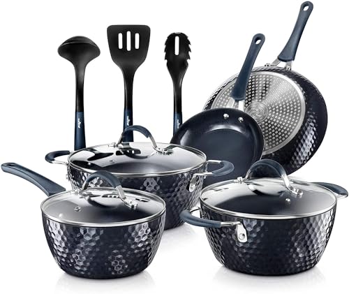 Nutrichef 11 Piece Nonstick Ceramic Cookware Excilon Home Kitchen Ware Pots & Pan Set with Saucepan Frying Pans, Cooking Pots, Lids, Utensil PTFE/PFOA/PFOS Free, Blue Diamond Pcs