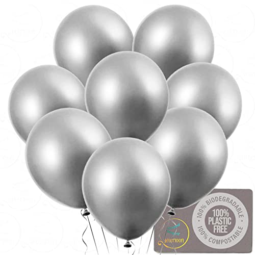 Image of AFTERLOON Biodegradable Balloons 24 pcs Silver 12 Inch, Natural Rubber Latex Plastic-Free Alternative Metallic Durable Thickened Extra Strong Helium Float, ballon baloon Globos Decor De Fiestas Kids