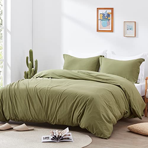 Nexhome Olive Green King Washed Cotton Duvet Cover Set With Zipper Closure Soft Double Bedding Duvet Cover 104X90 Inches And Pillow Sham For All Seasons #TOP2
