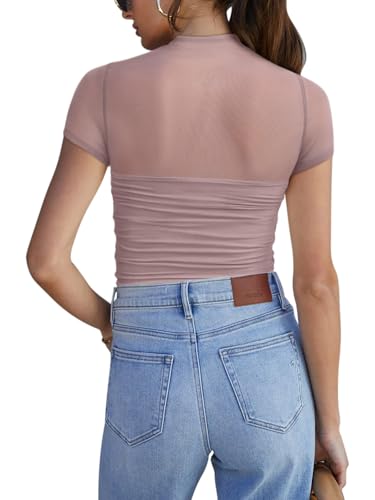 Image of REORIA Women's Sexy Mock Turtle Neck Short Sleeve Shirts Sheer Mesh Ruched Trendy Going Out Bodysuits Tops