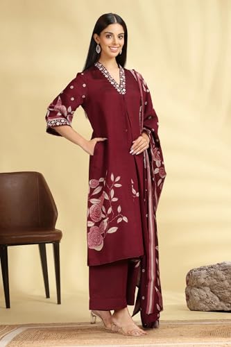 Image of Cotton Culture Wine Embroidered Roman Silk Kurta Pant and Dupatta Suit Set