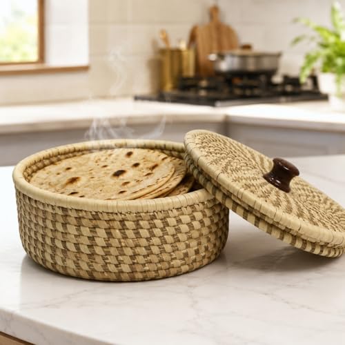 Image of Handcrafted Sabai Grass Roti Box with Lid | Eco-Friendly Chapati Storage Basket for Kitchen | Natural Insulated Roti /Chapati Box with Wooden Knob - Keeps Rotis Warm