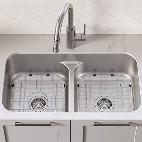 KRAUS Premier 32-inch Undermount 50/50 Double Bowl Low Divider 18-Gauge Stainless Steel Kitchen Sink with Strainers (x2), KBU32