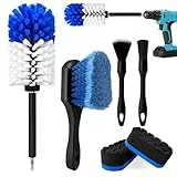 Car Wheel Brush Kit, Soft Drill Wheel Cleaner Brush, Tire Brush, Detailing Brush, and Detailing Pads, No Scratches Car Wheel Cleaning Kit for Wheels, Tires, Rims, Engines, Exhaust(Blue+White, 6 Pack)