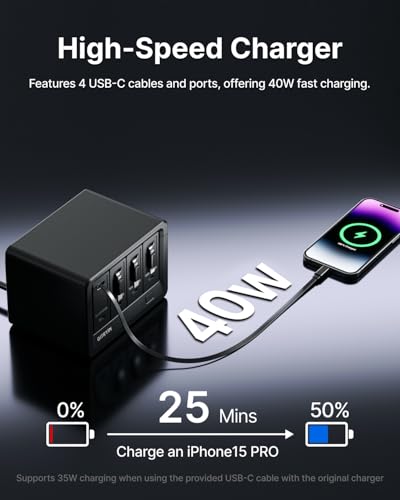Image of Gitryin 12-in-1 Desktop Charging Station with 4 Retractable Type-C Wall Chargers, 40W USB-C Power Strip with Flat Plug, Extension Cord with 1020J Surge Protection for Home Office