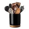 Nucookery 360° Rotating Utensil Holder, 7.2" Large Utensil Crock, White Ceramic Cooking Utensil Organizer with Countertop-Protection Cork Bottom for Farmhouse Kitchen Decor Gift (Black)
