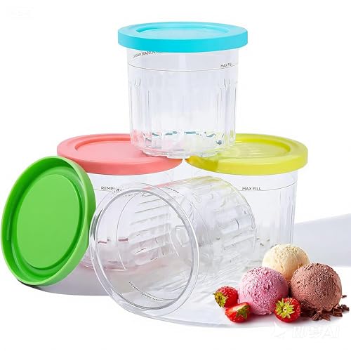 Creami Deluxe Pints and Lids 4 Pack Fit for Ninja NC500 NC501 Series 11-in-1 Ice Cream Makers, 24OZ XL Size BPA-Free Dishwasher Safe, Leak-Proof Family Dessert Storage (Blue/Pink/Green/Yellow)