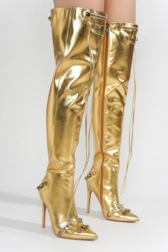 Cape Robbin Women's Over the Knee Boots Pointed Toe Rivets Tassels Stilettos High Heel Long Boots Thigh High Boots2