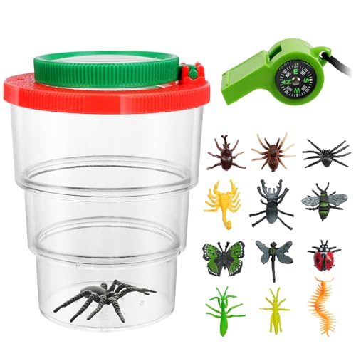 AMFUN Kit de Exploración para Niños 3 en 1, Juego de Explorador para Niños, Caja de observación de insectos portátil, silbato de brújula, 12 piezas de juguetes de insectos realistas