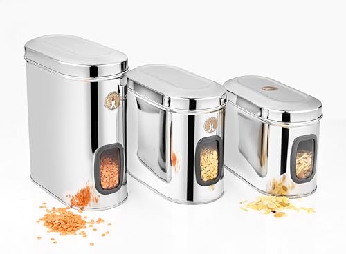 Image of Stainless Steel Capsule Food Canisters /Jars /Containers for Kitchen Storage with See Through Window - set of 1, 1850 ml capacity, 10 cm Diameter, Silver