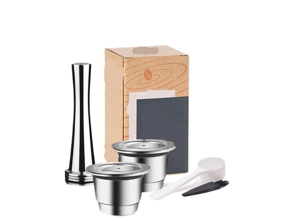 Compatible Para Nespresso Cápsula Café Reutilizable Acero Inoxidable | Carcasa acero liso, filtro fino, permite rellenado repetido en casa(2 capsules 1t)