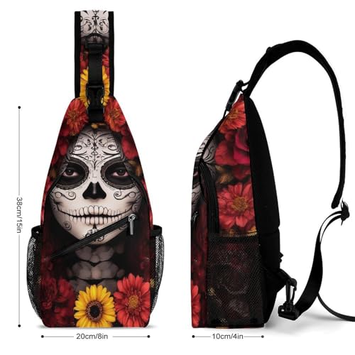 Men's Small Day Pack, Cross Body Sling Bag, Travel Hiking Fashion Chest Bag Mexican Day of The Dead Sugar Skull Floral Women Art2