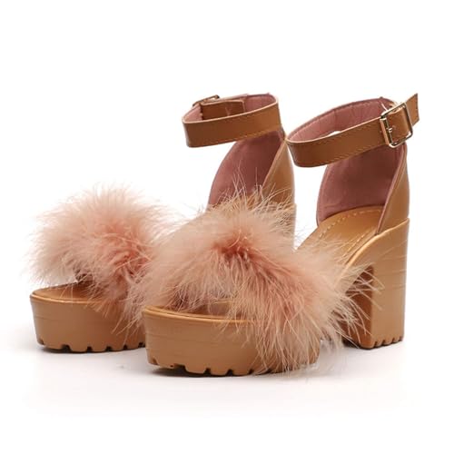 Heels for Women Sexy Womens Open Toe Ankle Strap Chunky Heel Sandals Shoes Fluffy Feather Slip On Ankle Strappy Sandals Ankle Strap Stiletto Pump for Wedding Party Dance Evening4