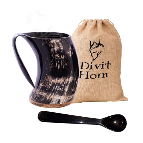Divit Authentisches Wikingerhorn Bierkrug | Authentisches mittelalterliches Biertrinkhorn | Leinen-Geschenkbeutel inklusive | 700 ml (24 oz) Fassungsvermögen