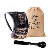 Boccale In Corno Di Bue Vichingo Divit – 700 Ml Con Coperchio, Modello Wolf Lucidato, Rivestimento Alimentare