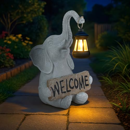 OOSTONEE Solar Garden Decor Welcome Elephant Statue, Solar Yard Decorations Lawn Ornaments, Unique Outside Decor for Porch, Elephant Gifts Gift for Mom Birthday