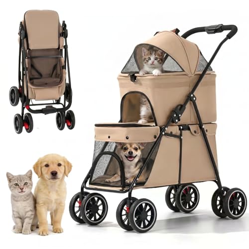 Simanli Cochecito doble para mascotas para gatos pequeños y perros, plegable, 2 carros, portátil, para cachorros, gatitos, carrito 4 en 1, cochecito para mascotas, 4 ruedas, para primavera, verano