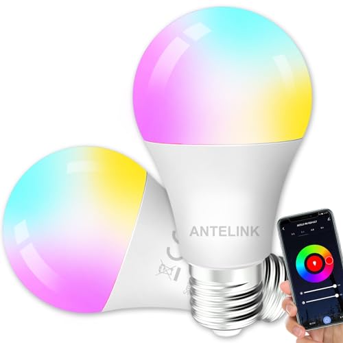 ANTELINK Lampadina Wifi Smart LED Dimmerabile RGB 9W 806lm Compatibile con Alexa Google Home, Bianco Freddo Caldo 2700K~6500K Tuya APP, 2 Pz.