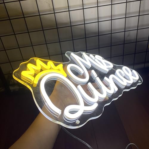 Mis Quince Neon Sign for Wall Decor Bedroom Aesthetic Birthday Party Gift Boyfriend Girlfriend Lover Women Men Room Bathroom Decoration USB Operated Warm White +Yellow Led Signs, 15.7 x 9.1 Inch