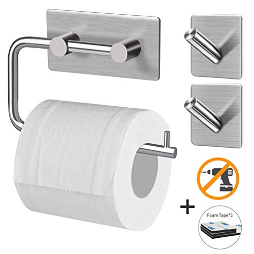 KINOEE Toilet Roll Holder - Towel Holder with 2 Towel Hooks Strong Adhesive, No Drilling Holes, Stainless Steel for Bathroom and Kitchen