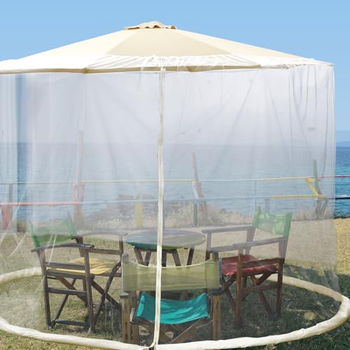 MISNODE Patio Umbrella Mesh Screen, Polyester Mesh Netting, Zippered Umbrella Hanging Tent, Patio Umbrella Netting for Outdoor Garden Camping Market Umbrella, 300x230cm(Beige)