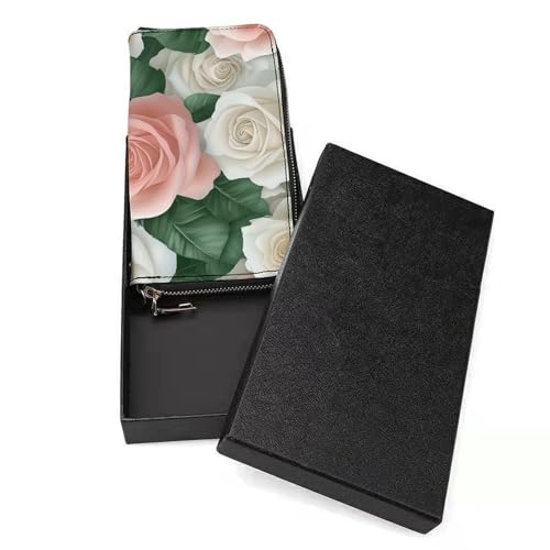 Soft Pink And White Roses PU Leather Clutch Long Bifold Wallet, Coin Purse Credit Pass Case, Durable Card-Holder Money Storage for Women Men3