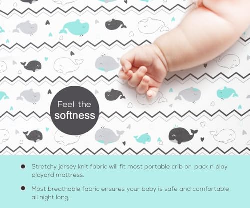 Image of Pack n Play Sheets, BROLEX 2 Pack Mini Crib Sheets,Stretchy Portable Fitted Playard Sheet Set, Convertible Playard Mattress Cover,Ultra Soft Breathable Material,Elephant Whale