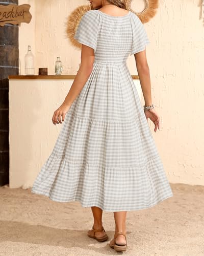 Image of Pinup Fashion Maternity Summer Dress Baby Shower Easter Pregnancy A-Line | Smocked V-neck, flutter sleeves, breathable floral fabric, bump friendly, perfect for photoshoot, spring casual,postpartum