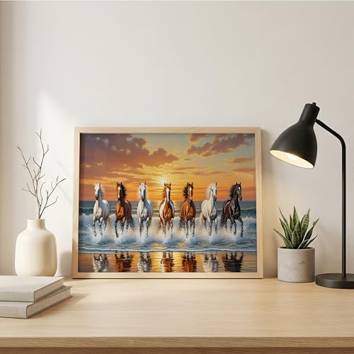Image of Suneree 7 Horse Vastu Wall Painting - Running Horses Sunset Beach Landscape Framed Wall Art for Living Room & Office Decor (Natural, Design 10, 13x19 Inch)