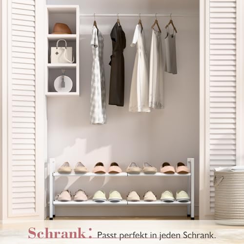 Image of Bumusty 2-Tier Expandable Shoe Rack for Closet, 18 inch-33 inch Adjustable Shoe Rack for Small Space, Small Shoe Organizer for Front Door, Sturdy Metal, White
