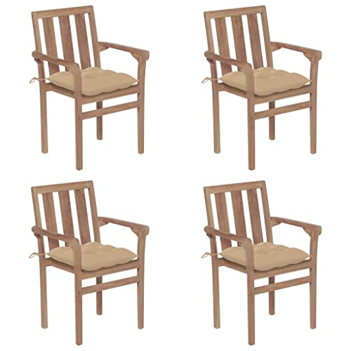 Mhdvray 4-Pack Stackable Patio Chairs with Beige Cushions, Solid Teak