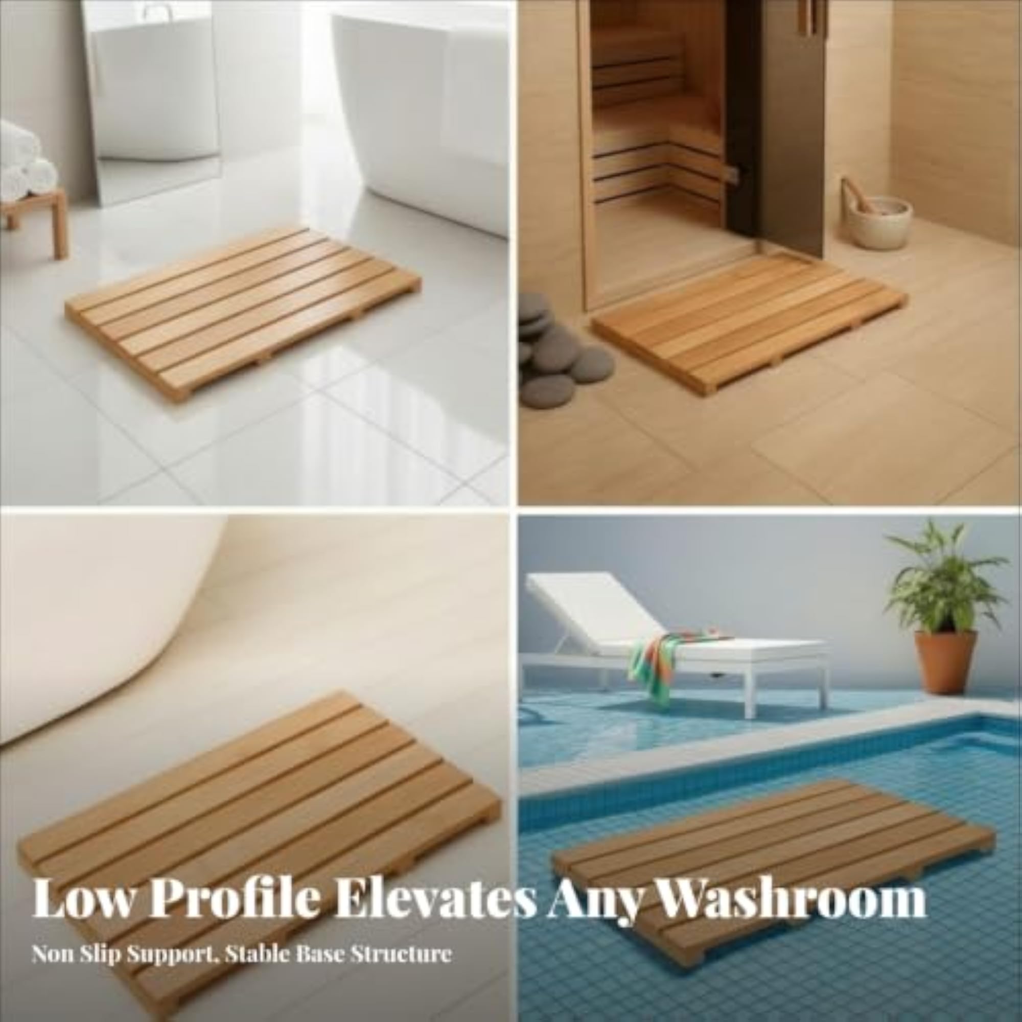 Quick-Draining Non-Slip Bamboo Bath Mat for Shower & Poolside