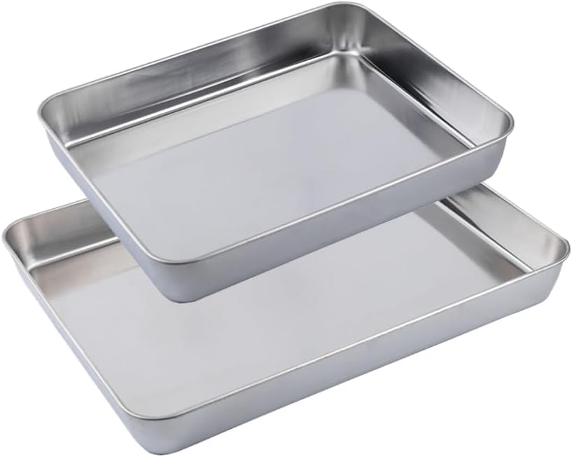 2Pcs Stainless Steel Deep Baking Pan Set(12 & 16 Inch)-PTFE/PFOA Free - Heavy Duty Rectangular Cookie Sheets for Oven, Cakes, Bread, Roasting - No Warping, Dishwasher Safe, Easy to Clean