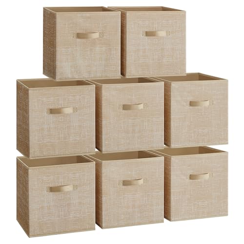 SONGMICS Storage Cubes 33 cm Non-Woven Fabric Bins with Double Handles Set of 8 Wardrobe Organisers for Shelves Foldable for Clothes Sand Beige ROB833K03
