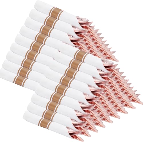 Supernal 100pack Rose Gold Plastic Silverware with Napkins, Prewrapped & Rolled Rose Gold Disposable Utensils, Elegant Pink Gold Cutlery Rolls for Wedding, Baby Shower & Party