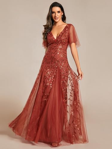 Image of Ever-Pretty Women's Sequin Formal Dresses Evening Gown Sparkly V-Neck Short Sleeve Floor Length Mother of The Bride Dress 736