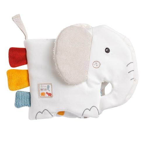 Fehn Soft libro illustrato elefante - Libro tattile in cotone da coltivazione biologica con motivi di animali - da appendere per carrozzina e seggiolino auto - per neonati e bambini da 0 mesi