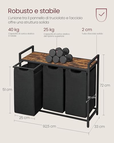 VASAGLE Cesto Portabiancheria, Porta Biancheria, 3 Sacchi in Tessuto Rimovibili, Piano d扐ppoggio, Metallo, 3 x 40 L, 92,5 x 33 x 72 cm, Nero Inchiostro e Marrone Vintage BLH301B01 - Immagine 4