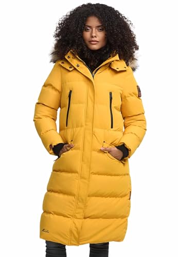 MARIKOO lange Damen Winterjacke warmer Parka gesteppt mit Kapuze B890 [B890-Schneestern-A-Yellow-Gr.M]