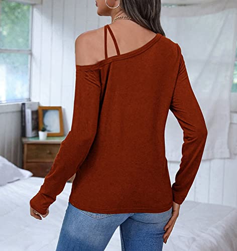MAKARTHY Women's Cold Shoulder Tops Long Sleeve Strappy Off Shoulder Top Casual Tunic Blouse T-Shirts4
