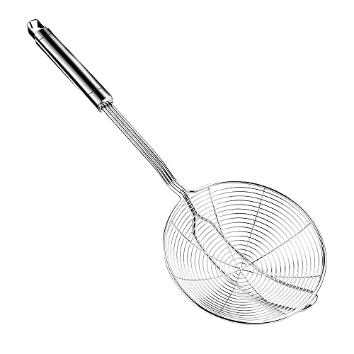 Steel Spider Strainer Skimmer Ladle, Strainer Spider Skimmers for Kitchen Cooking and Frying, Premium Strainer Spoon Diameter: 5.4Inch, Total Length: 15.4Inch